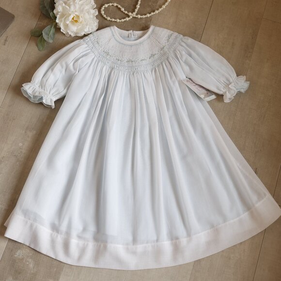 Smocked Dress Long Sleeve Bishop White & Blue w/Embroidery Will'beth Size 2 NWT - Picture 1 of 9